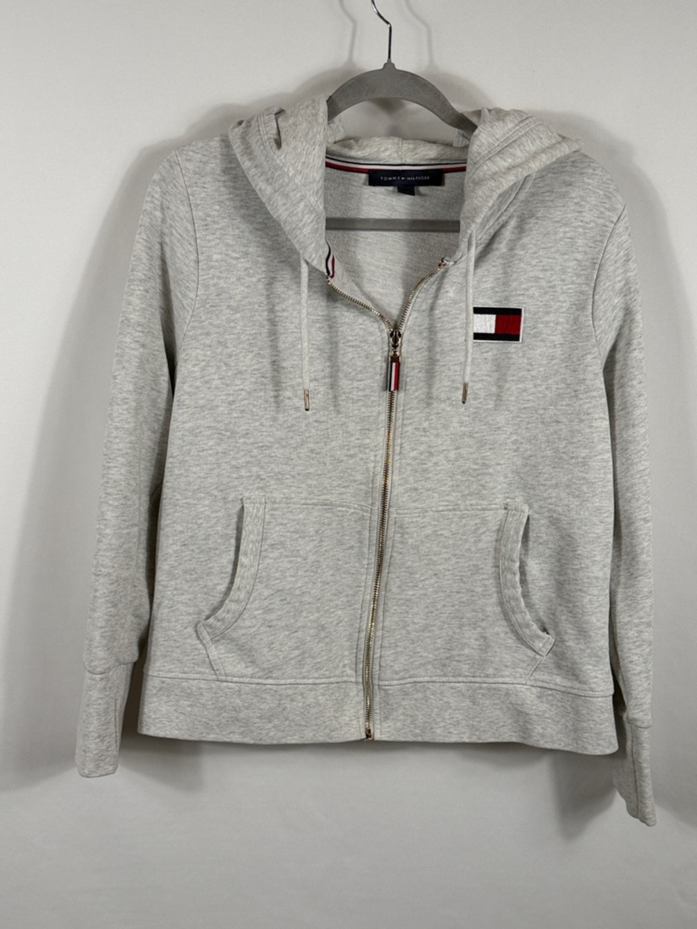 Tommy Hilfiger Heather Gray Zip Hoodie with Flag Patch.‎ Womens Size Large